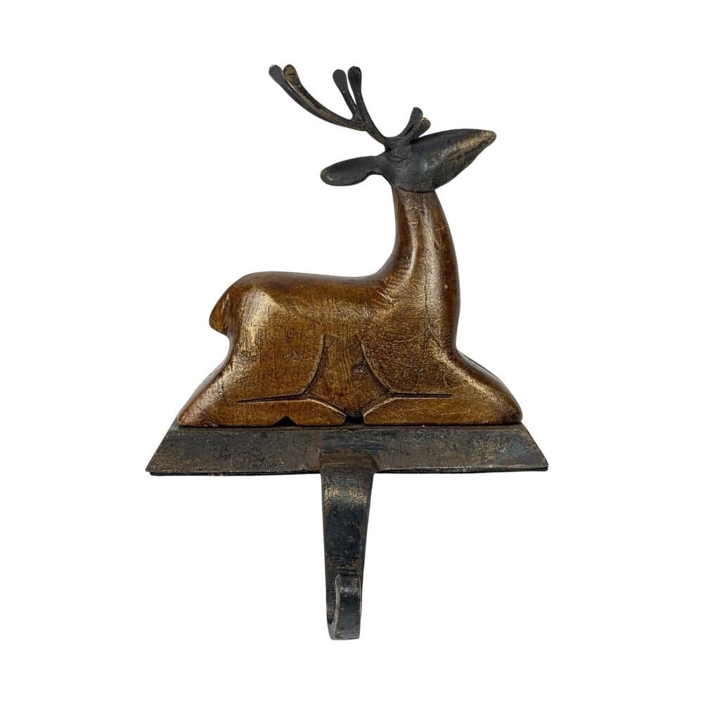 Pier 1 Imports Reindeer Christmas Stocking Hanger Holder Wood Metal Holiday Deer